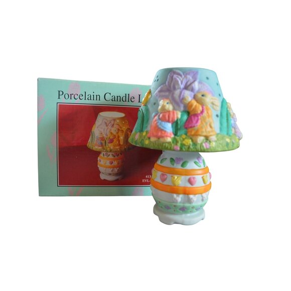 NIB Porcelain Easter Tea Light Candle Lamp With Pastel Bunny Floral Design 6" ta - Picture 1 of 11